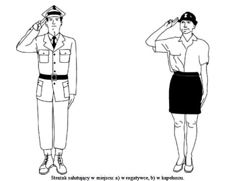  Strażak salutujący w miejscu: a) w rogatywce, b) w kapeluszu.