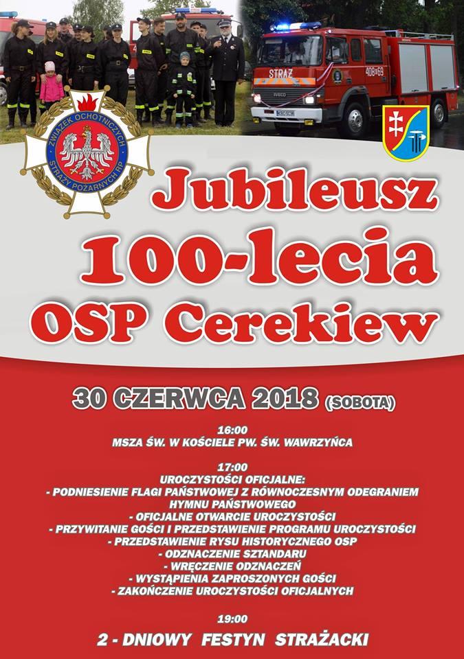 Zaproszenie na 100-lecie OSP Cerekiew.