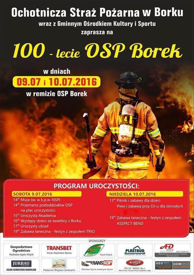 Zaproszenie na obchody 100. lecia OSP Borek.