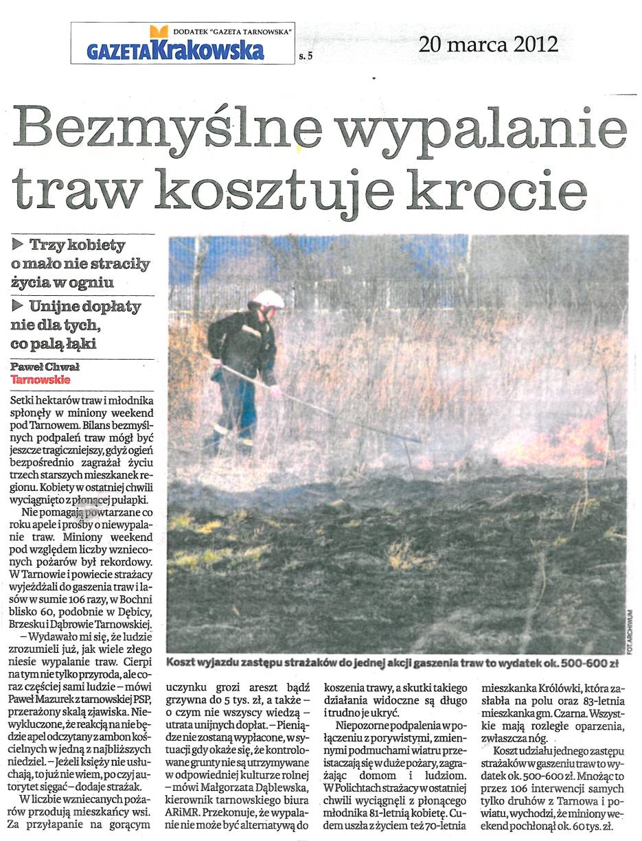 Bezmyślne wypalanie traw kosztuje - Gazeta Krakowska - 20.03.2012