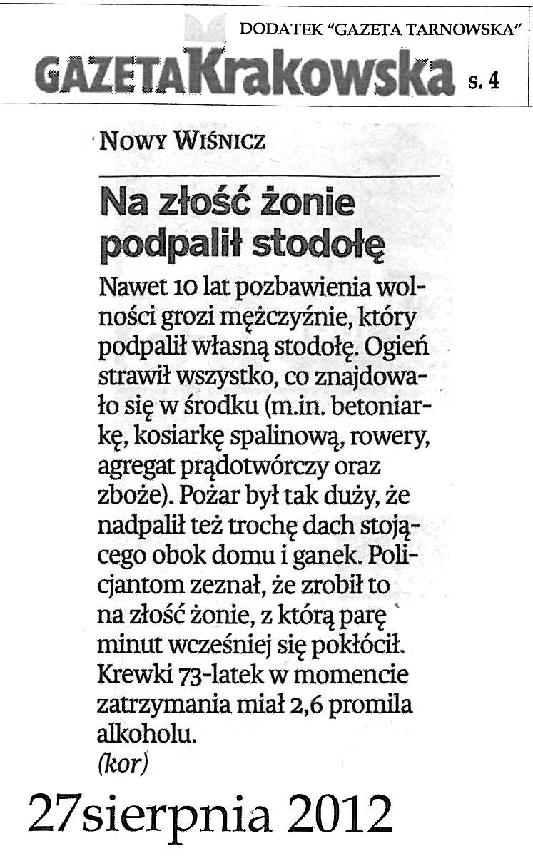 Na zo onie podpali stodo. - Gazeta Krakowska - 27.08.2012