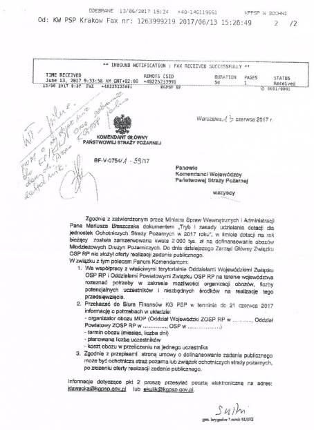 Pismo z KG PSP w Warwszawie.