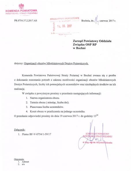Pismo z KP PSP w Bochni.