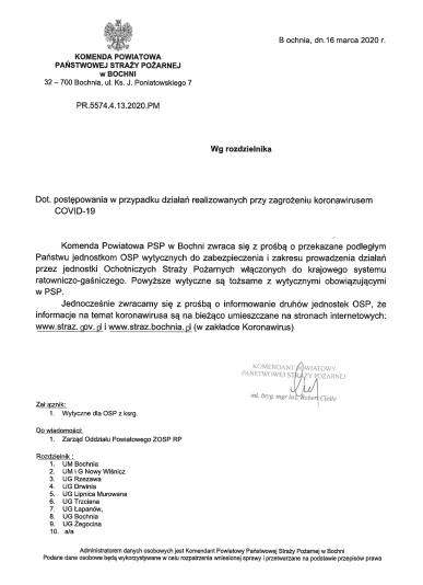 Pismo z KP PSP w Bochni - 16.03.2020
